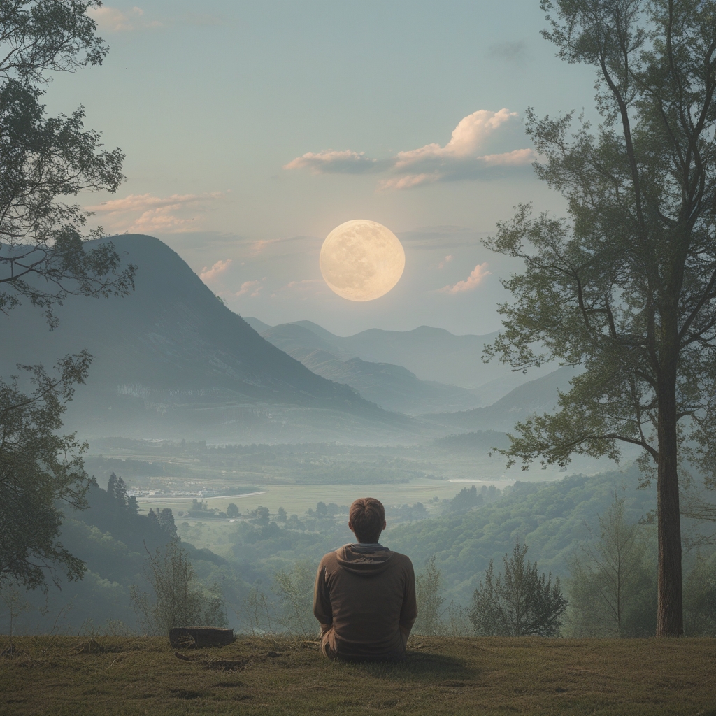 Ruhige Naturlandschaft mit weitem Blick, sanfte Hügel und offener Himmel in gedämpften Farbtönen, keine Personen