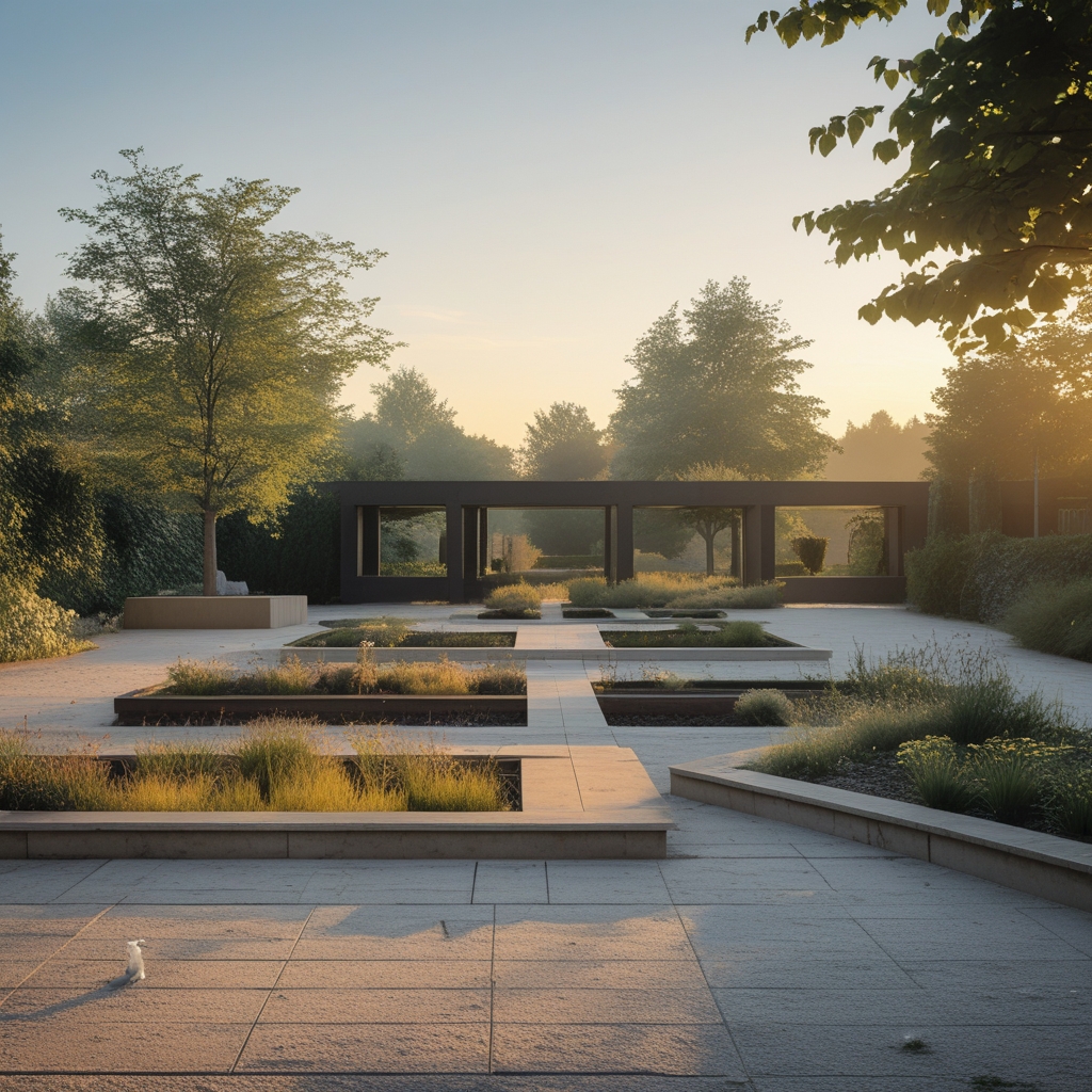 Ruhige Gartenanlage mit geometrischen Wegen und offenen Flächen in weichem Nachmittagslicht, ohne Personen