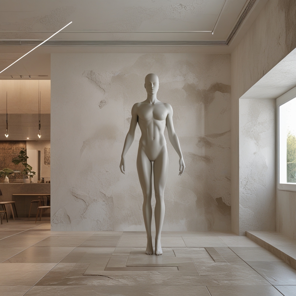 Stilisierte schematische Darstellung der menschlichen Körperhaltung in Bewegung, neutrale anatomische Perspektive mit ruhiger Farbgebung