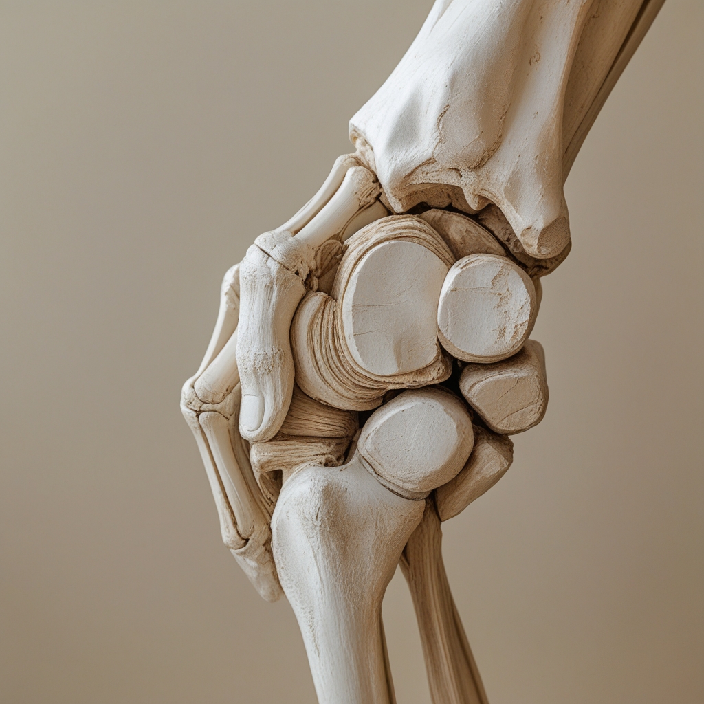Schematisches, anatomisches Modell eines menschlichen Gelenks in Nahaufnahme, lehrbuchartige Darstellung mit neutralem Hintergrund