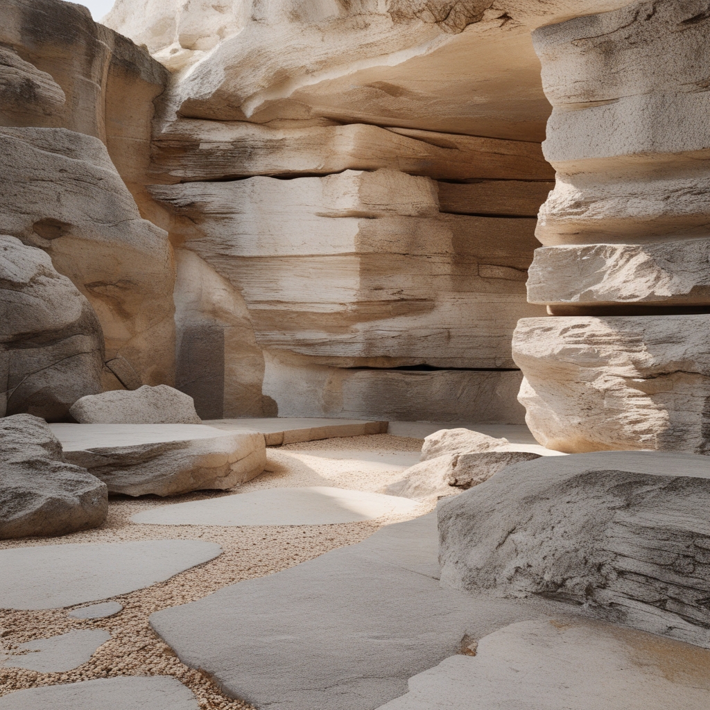 Abstrakte Darstellung einer gedämpften, ruhigen Bewegungsform, stilisierter Bogen aus Holz oder Stein in einem natürlichen Umfeld